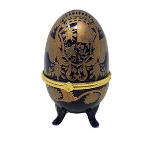 Vintage Cobalt Blue Gold Porcelain Decorative Trinket Faberge Egg Jewelry Box